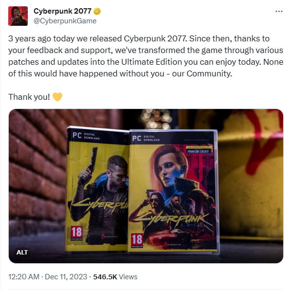 《赛博朋克2077》 官方感谢玩家支持反馈