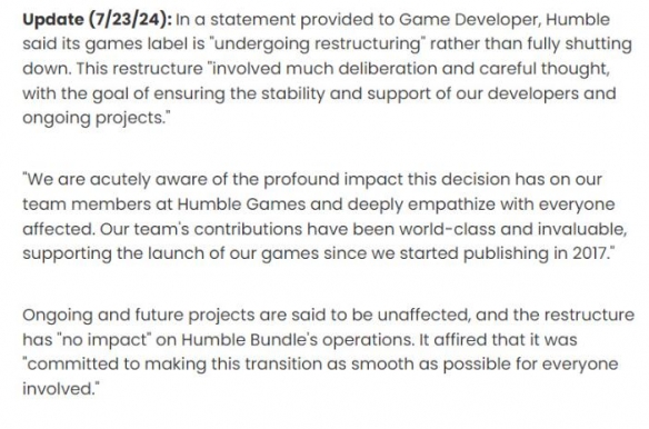 Humble Games重大改组，承诺游戏运营和开发未受影响